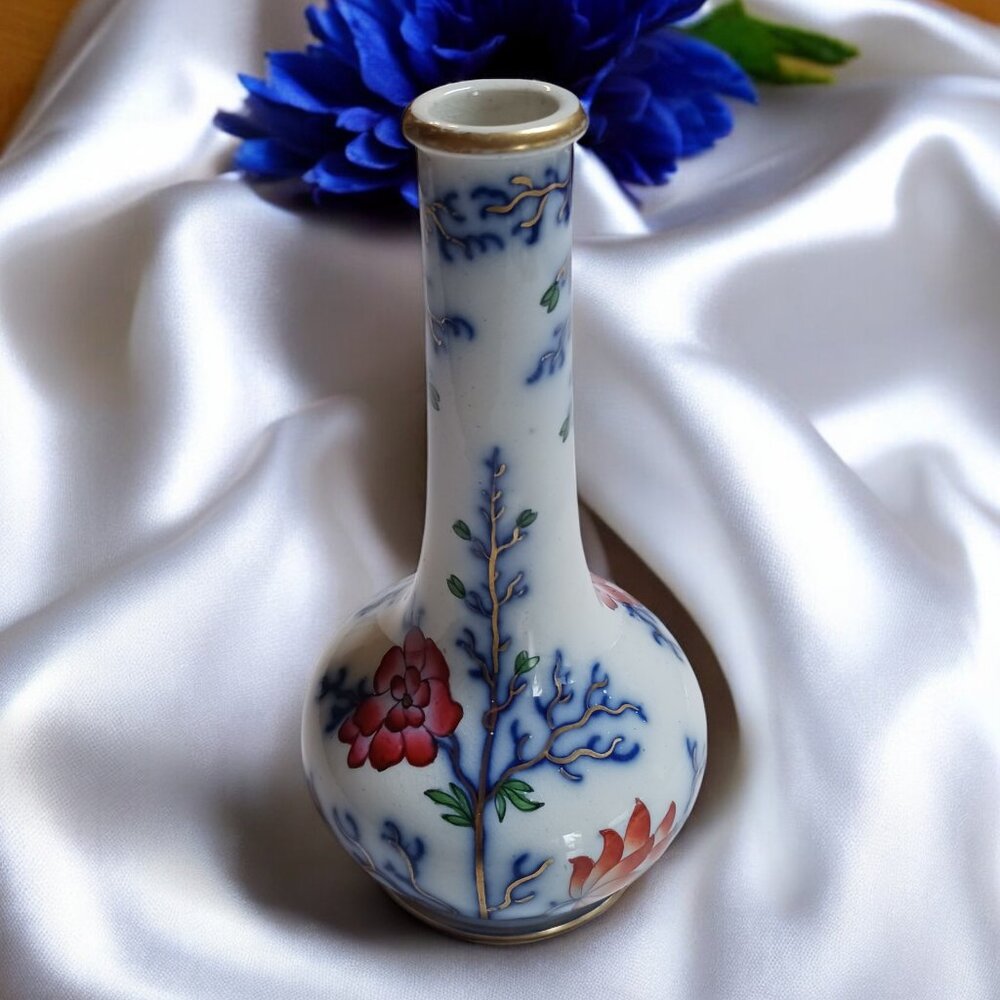 Antique Hand-Painted Asian Style Bud Vase Elegant Peony Gilded Accents, …